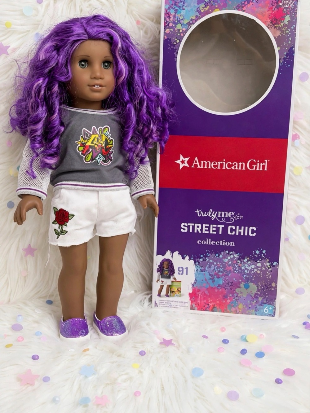 American Girl Purple Curly-Haired Doll with White Shorts